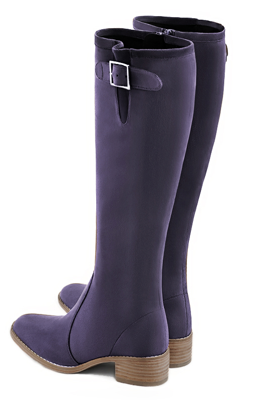 Lavender purple women's knee-high boots with buckles. Round toe. Low leather soles. Made to measure. Rear view - Florence KOOIJMAN